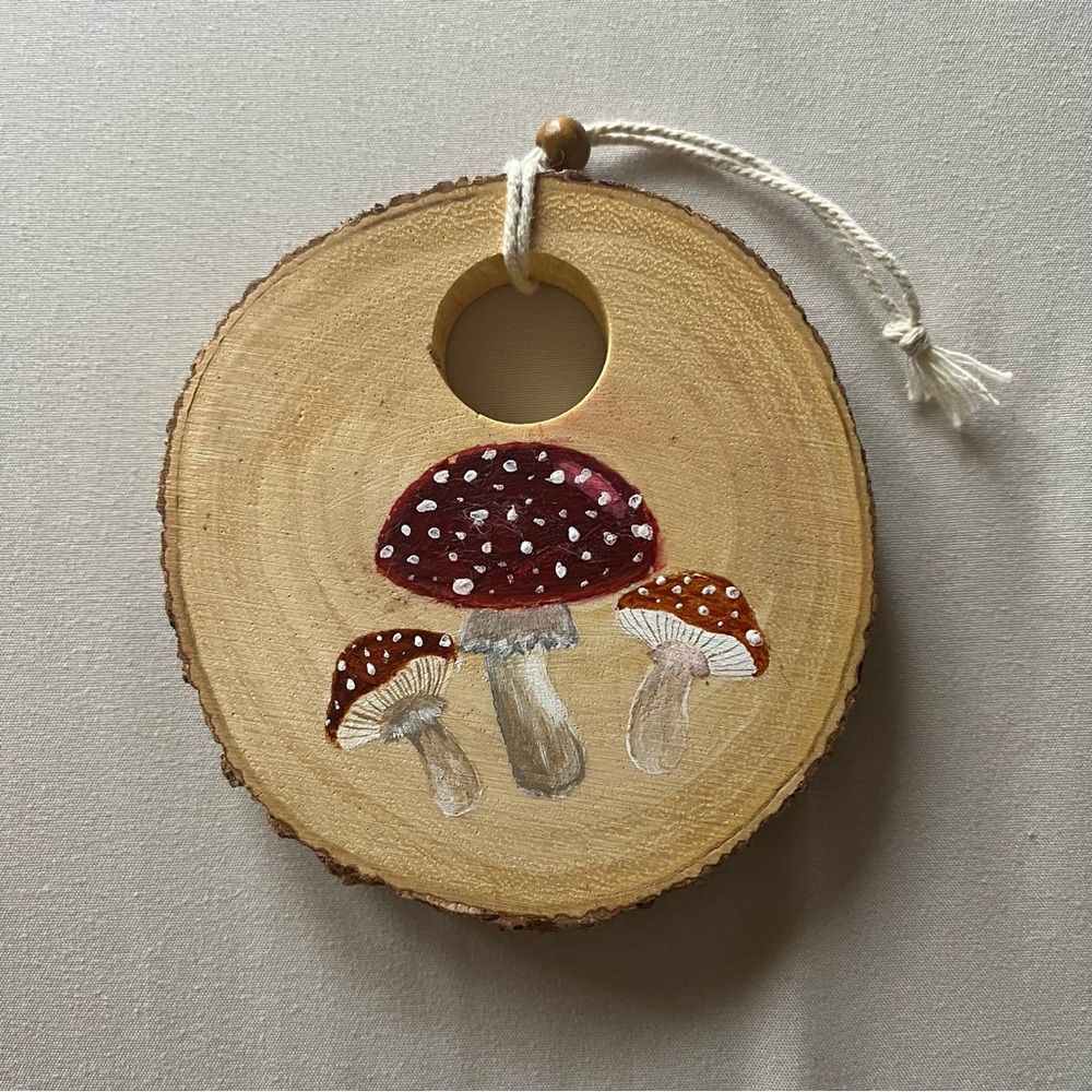 Wooden Wall Hanging with Painted Mushrooms
